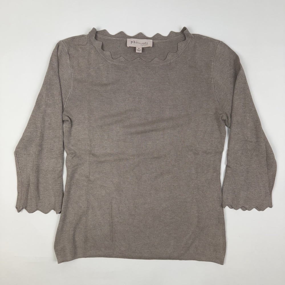 Womens Philosophy Republic Scalloped Trim Brown 3/4 Sleeve Shirt Size Small GUG